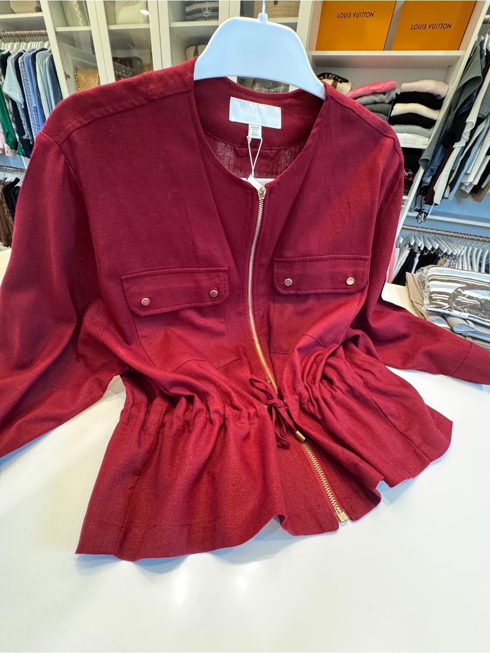 Zara Deep Red Drawstring-Waist safari linen Zip Jacket